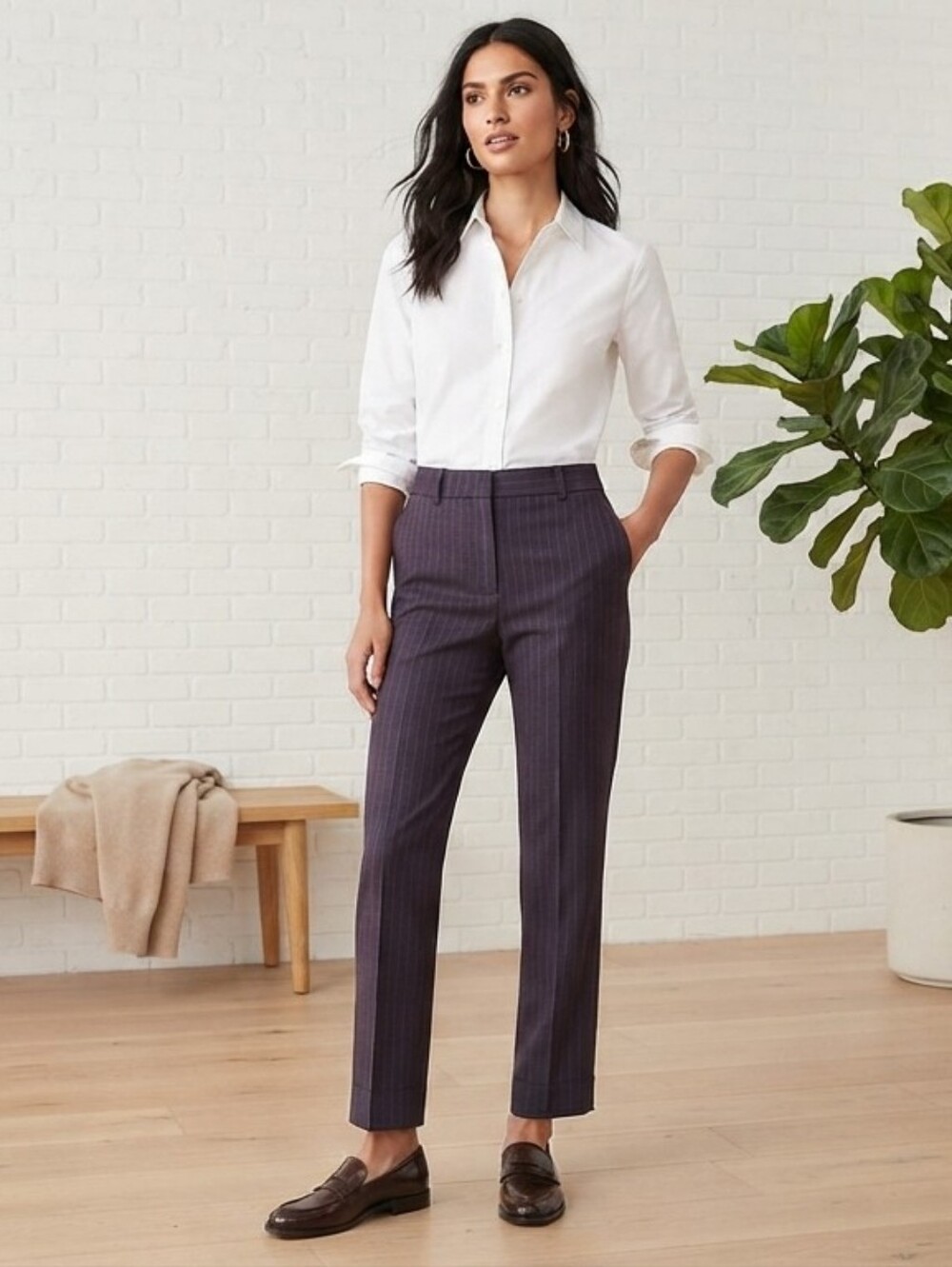 Rebecca Taylor Eggplant Pinstripe Trousers with Blush Waistband